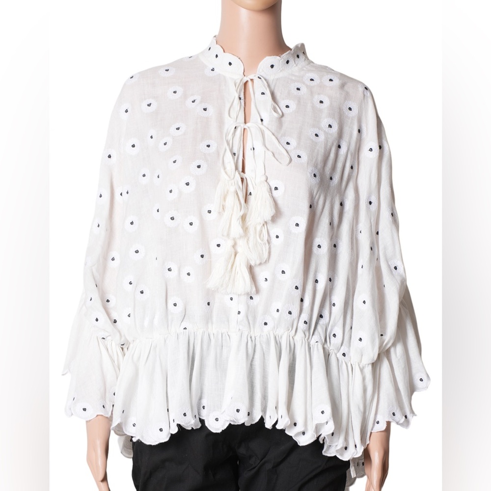 Acler Spencer Linen Blend Ivory Black Embroidered Scalloped Flowy Top Sz 4 NWT